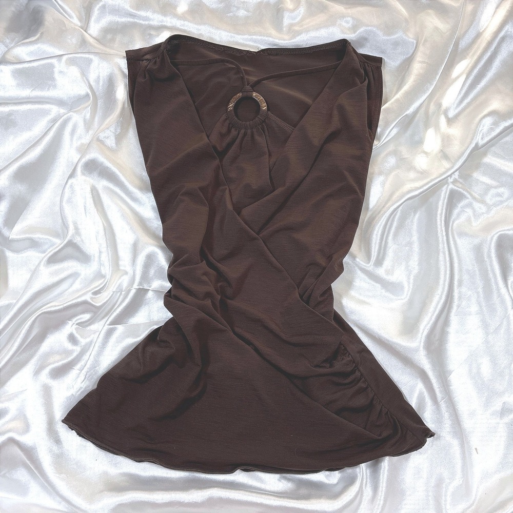 y2k Sleeveless Wrap Top Brown Good O-Ring Ruched Surplice Vintage Tank